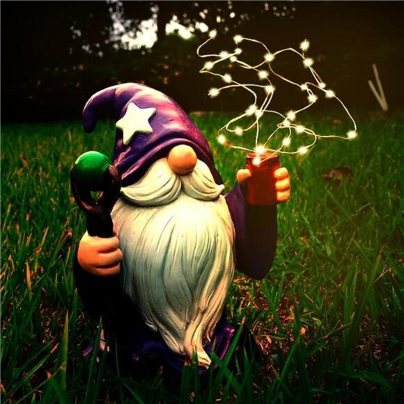 Resin Gnome Statue Outdoor Decor Waterproof Firework Solar LED Lights Gnome - Picture 1 of 7